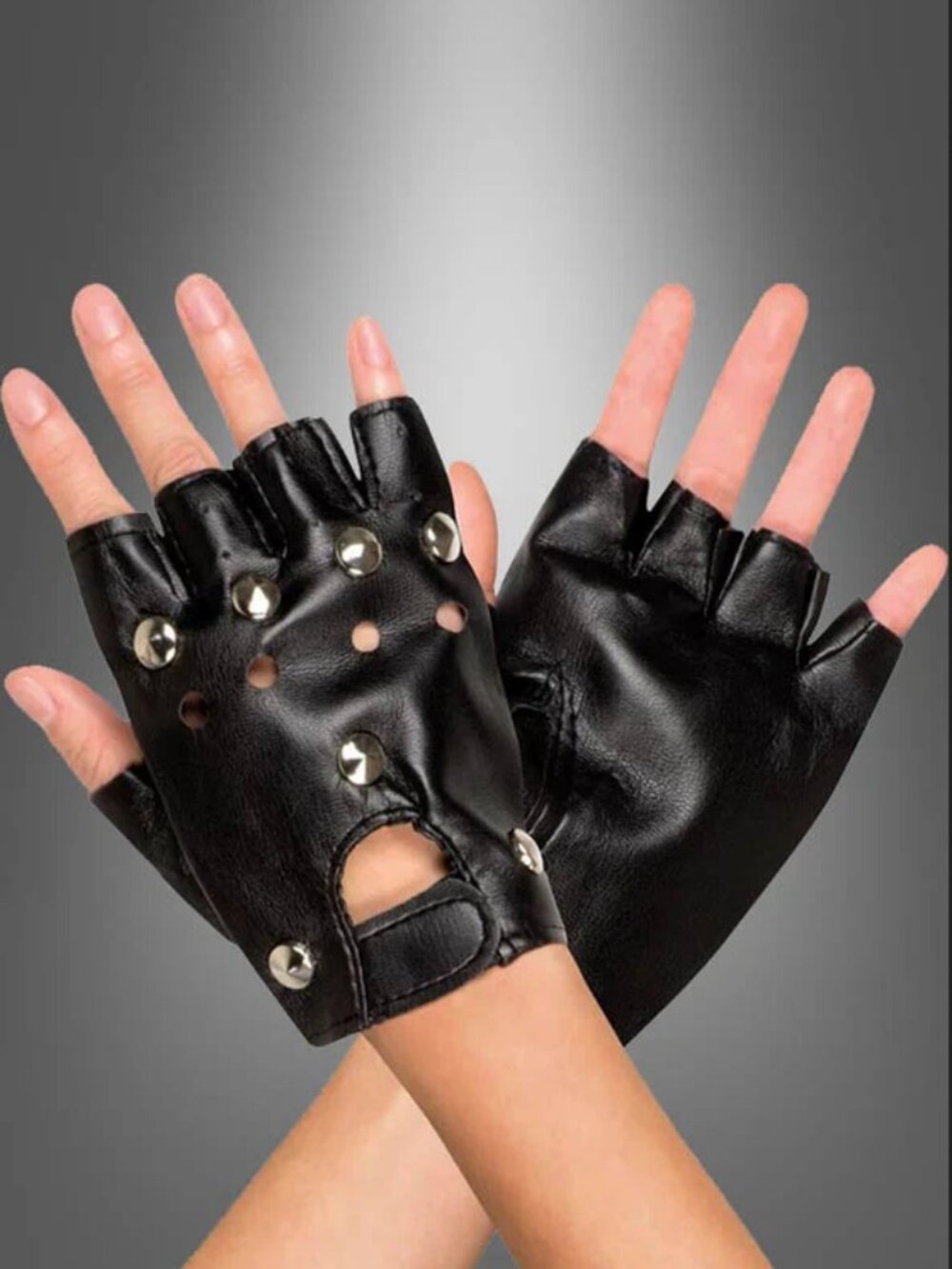 Bad to the Bone Punk Rock Studded Fingerless Black Faux Leather Gloves Costume